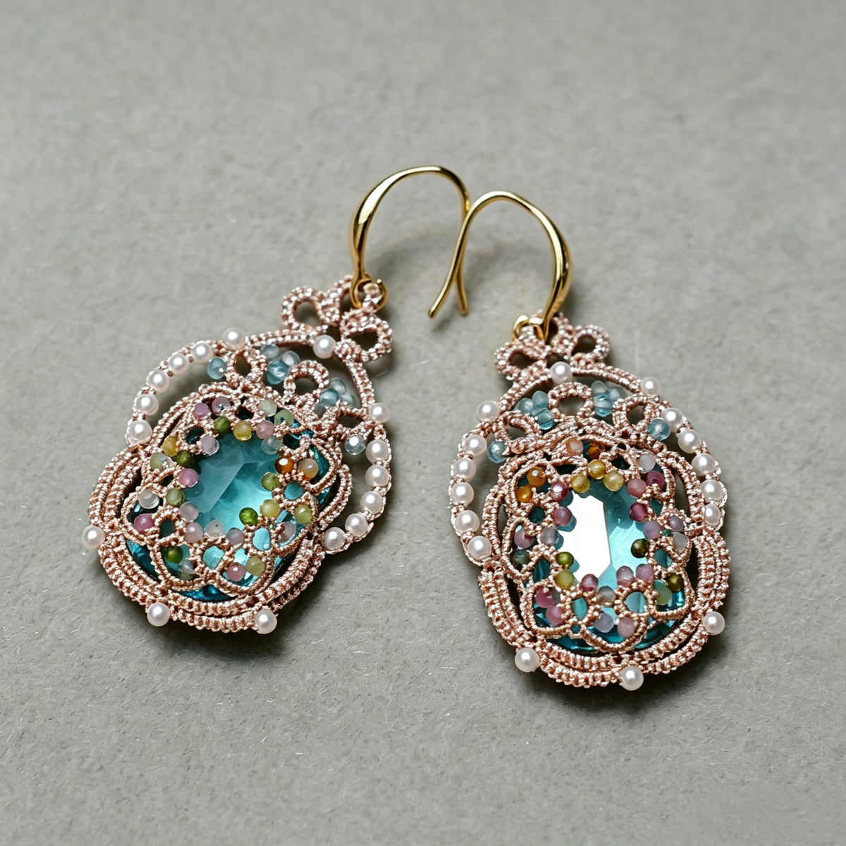 Handmade lace tatting beaded earrings with diamond,natural gemstone beads,s925 silver hooks