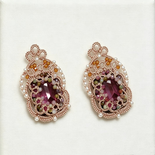 Handmade lace tatting beaded earrings with diamond,natural gemstone beads,s925 silver hooks