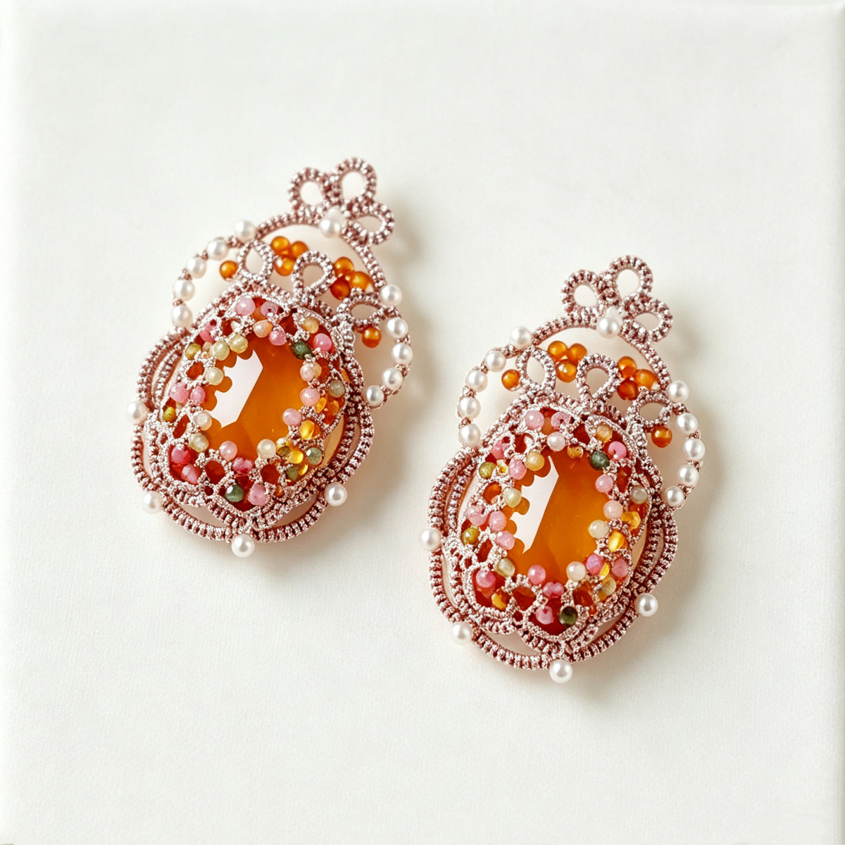 Handmade lace tatting beaded earrings with diamond,natural gemstone beads,s925 silver hooks