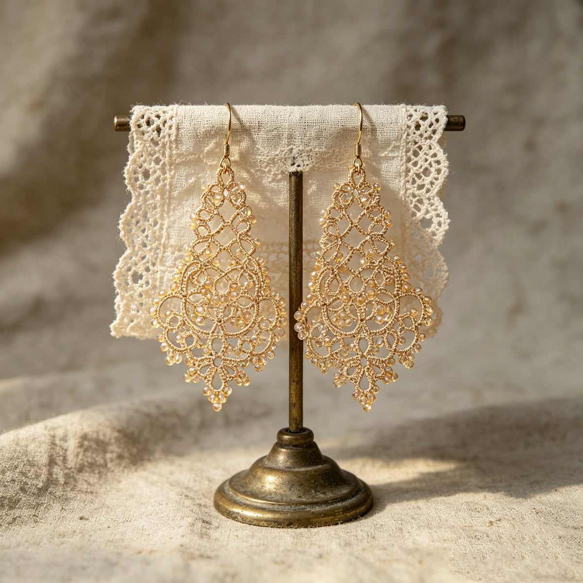 Handmade lace tatting beaded earrings with natural gemstone beads,s925 silver hooks