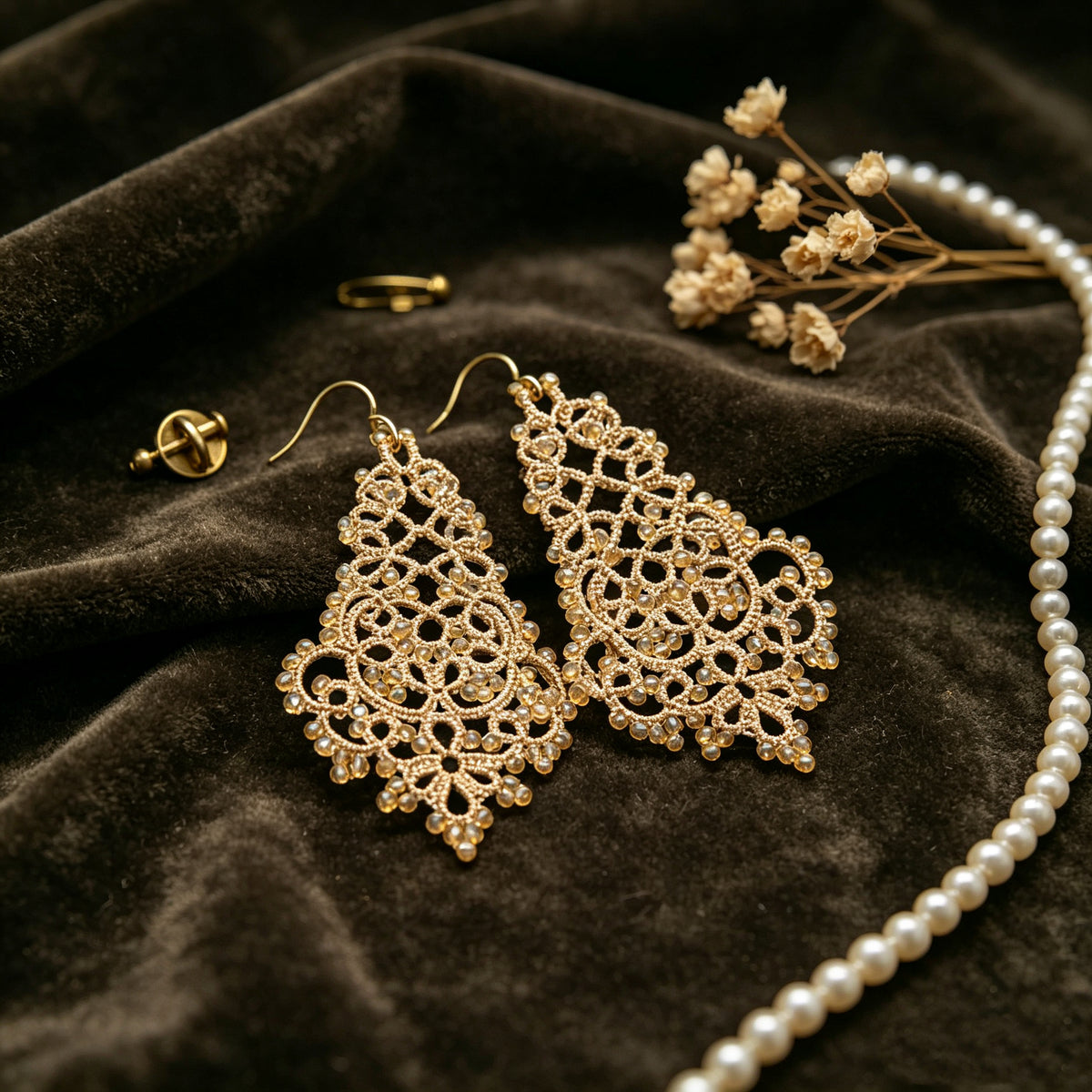 Handmade lace tatting beaded earrings with natural gemstone beads,s925 silver hooks