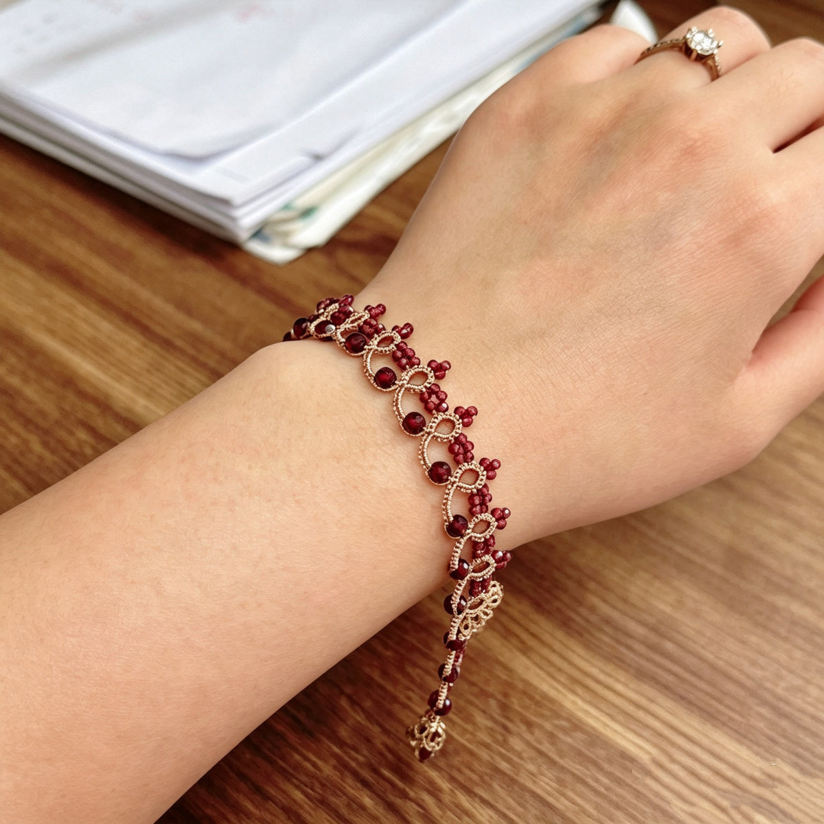 Handmade lace tatting beaded bracelet with natural gemstone beads