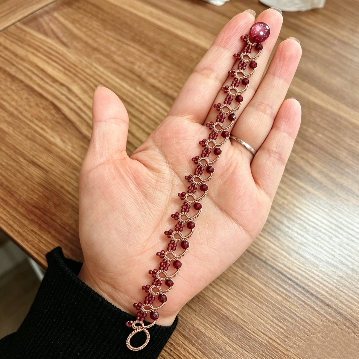 Handmade lace tatting beaded bracelet with natural gemstone beads