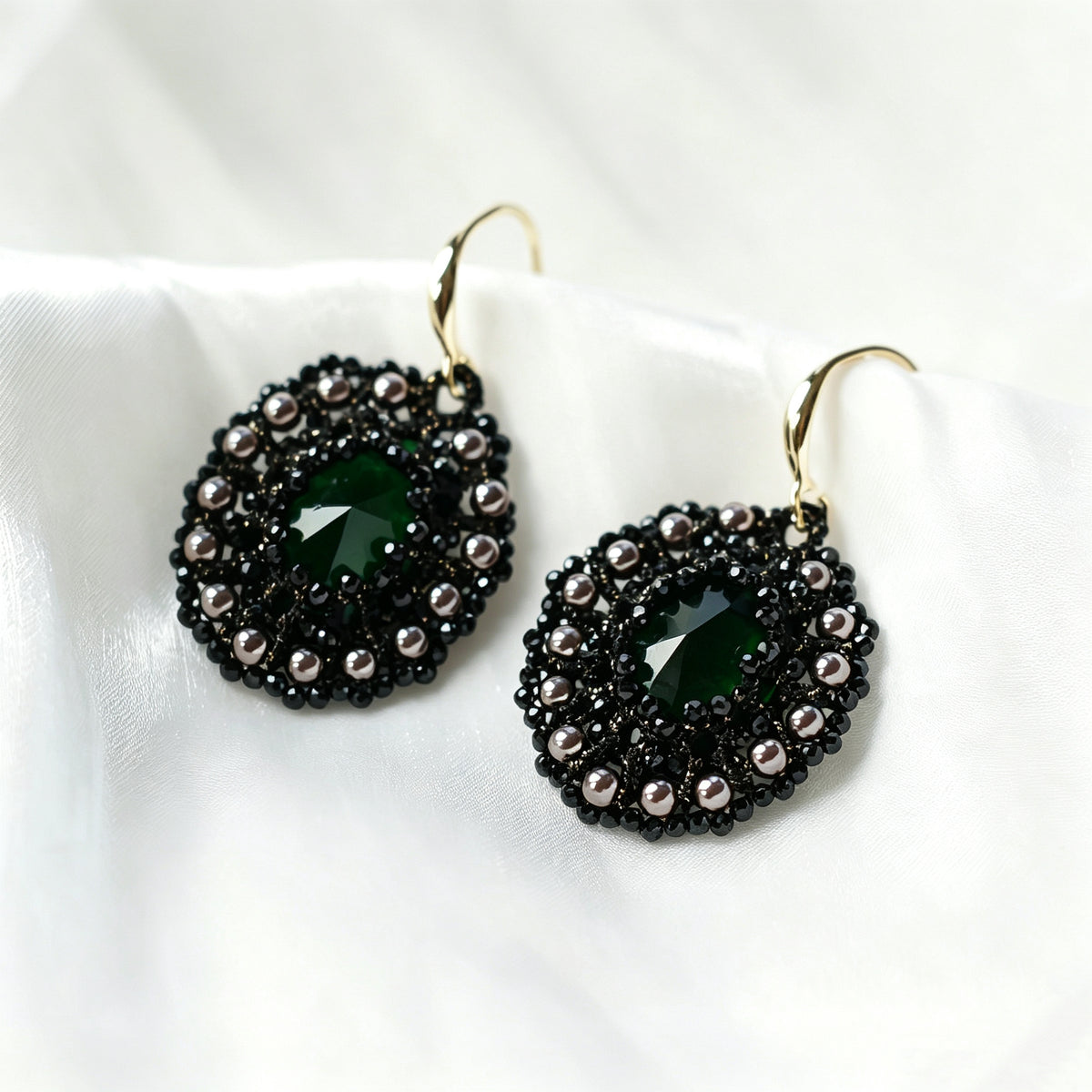 Handmade lace tatting beaded earrings with natural gemstone,imitation pearls,s925 silver hooks