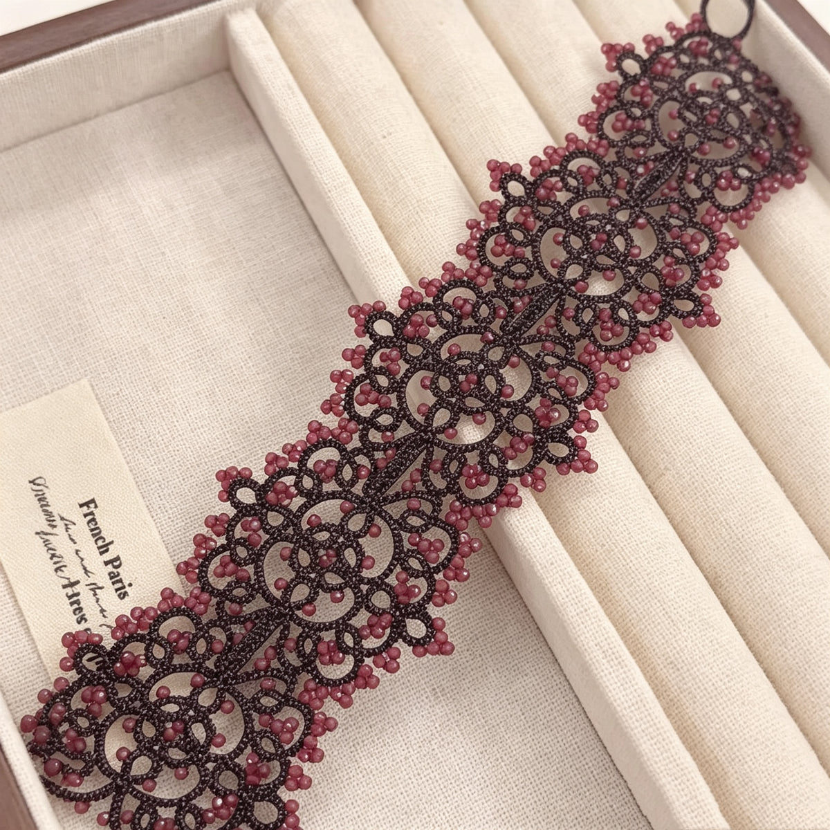 Handmade lace tatting beaded bracelet with natural gemstone garnet beads