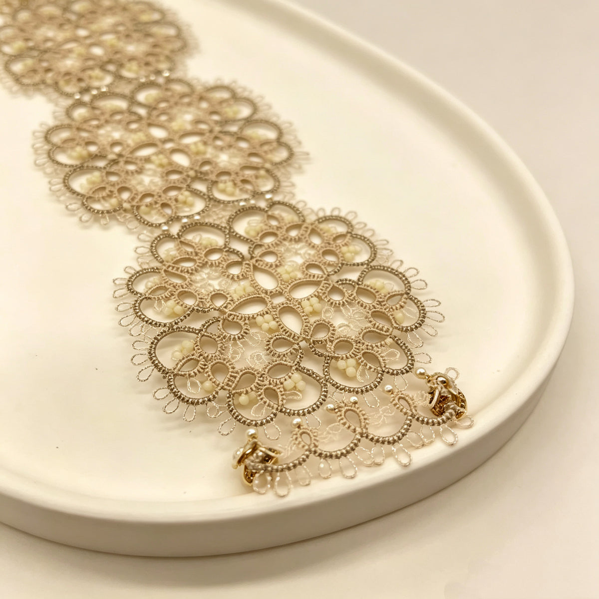 Handmade lace tatting beaded bracelet with seed beads