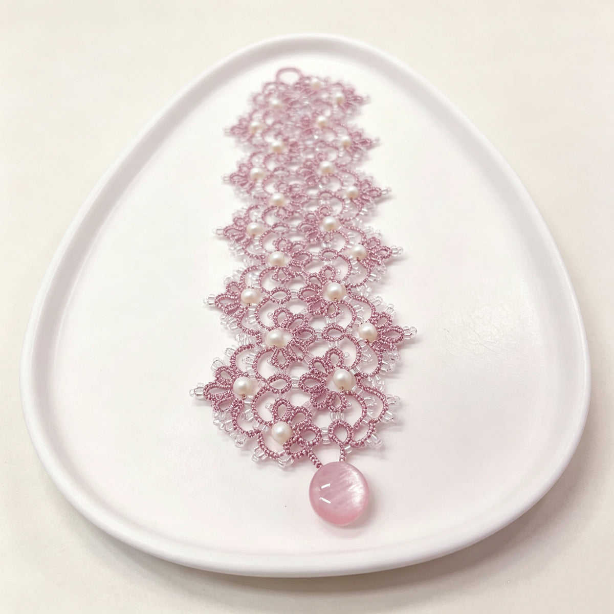 Handmade lace tatting beaded bracelet with Swarovski pearls,antique beads