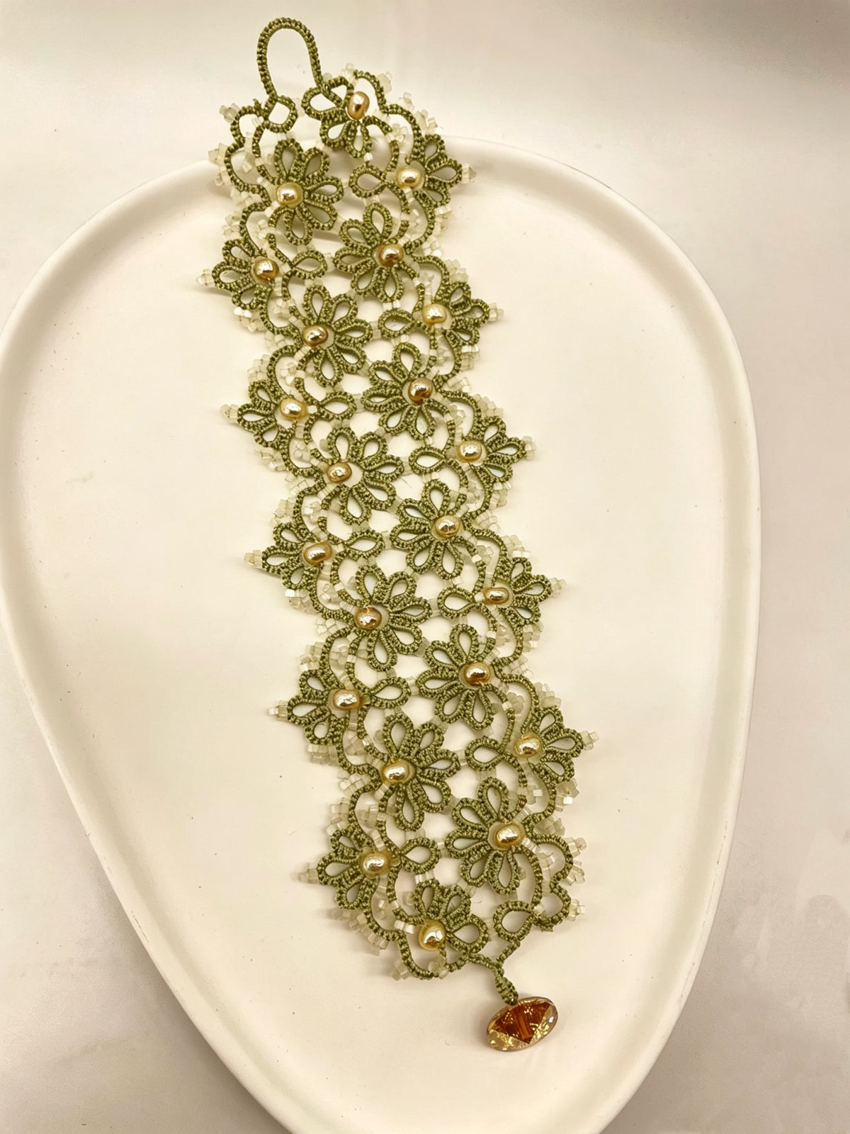 Handmade lace tatting beaded bracelet with Swarovski pearls,antique beads