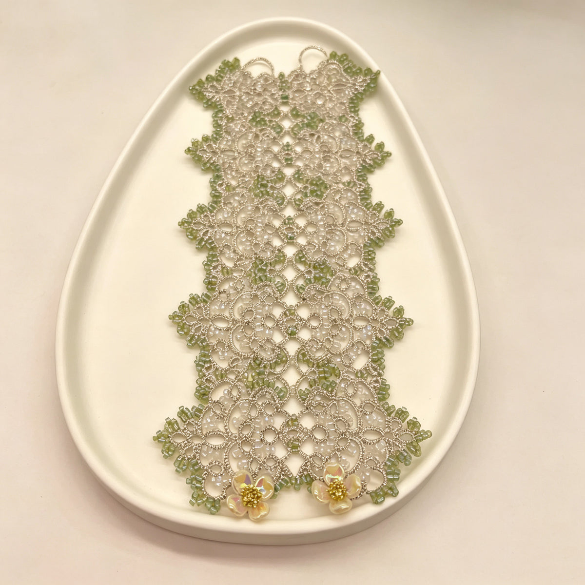 Handmade lace tatting beaded bracelet with antique beads