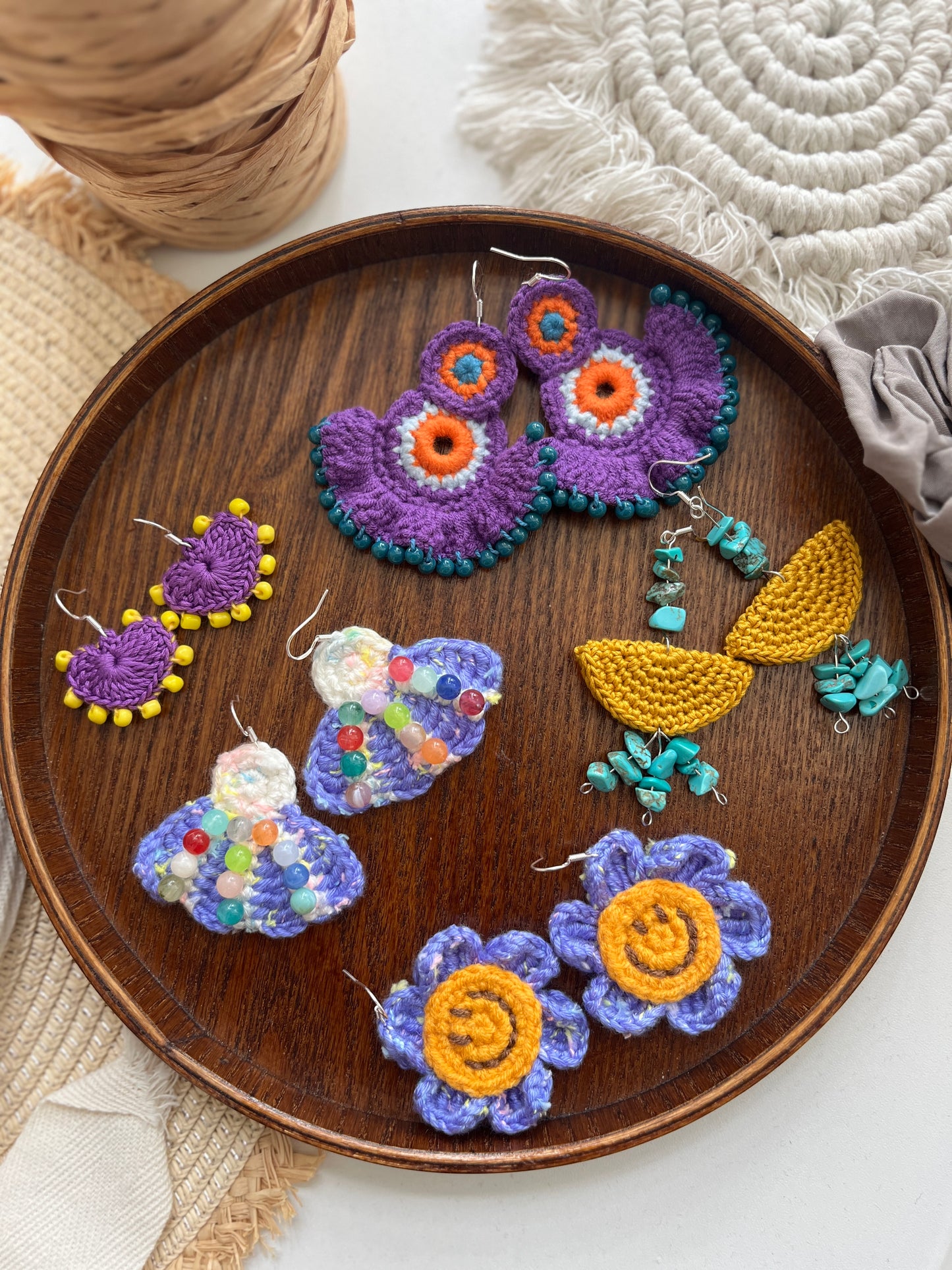 Handmade crochet smile face flower earrings with s925 hooks