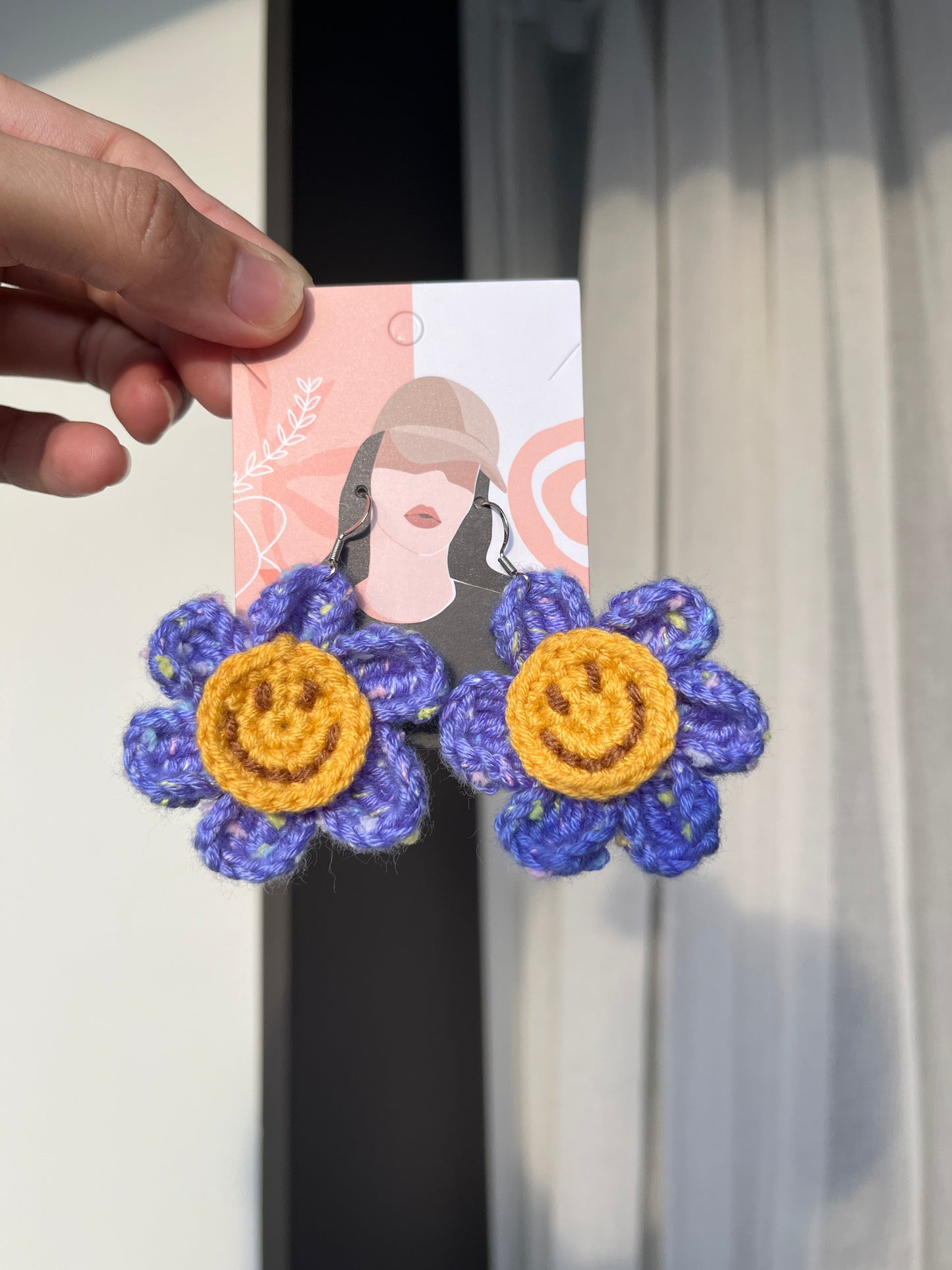 Handmade crochet smile face flower earrings with s925 hooks
