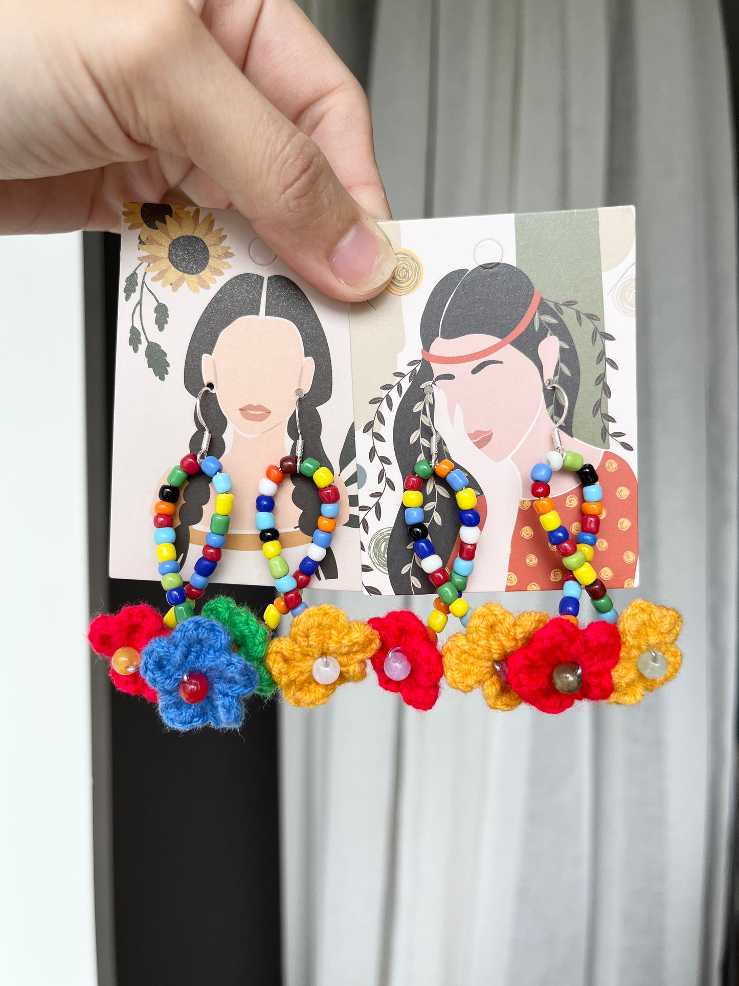 Handmade crochet colorful flower beaded earrings
