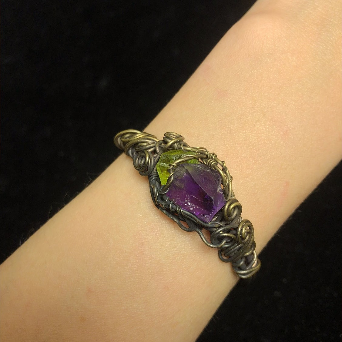 Handmade rock crystal wirewrapped bangle natural amethyst peridot gemstone bangle