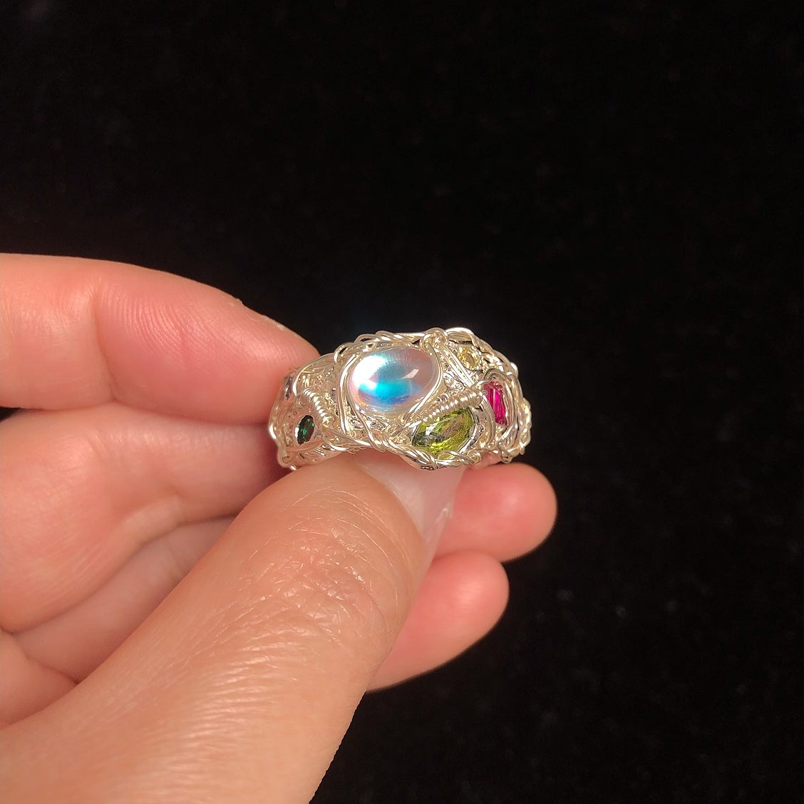 Handmade colorful gemstone wirewrapping ring