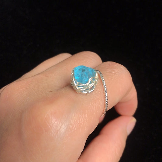 Handmade natural rock crystal ring rough aquamarine gemstone wirewrapping rings
