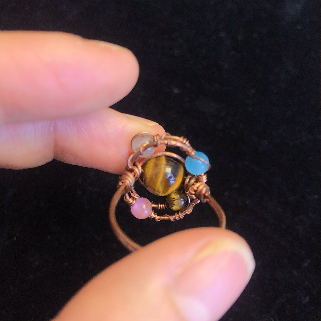 Handmade wirewrapping tiger eye cat's eye moonstone beads ring dainty gemstone rings