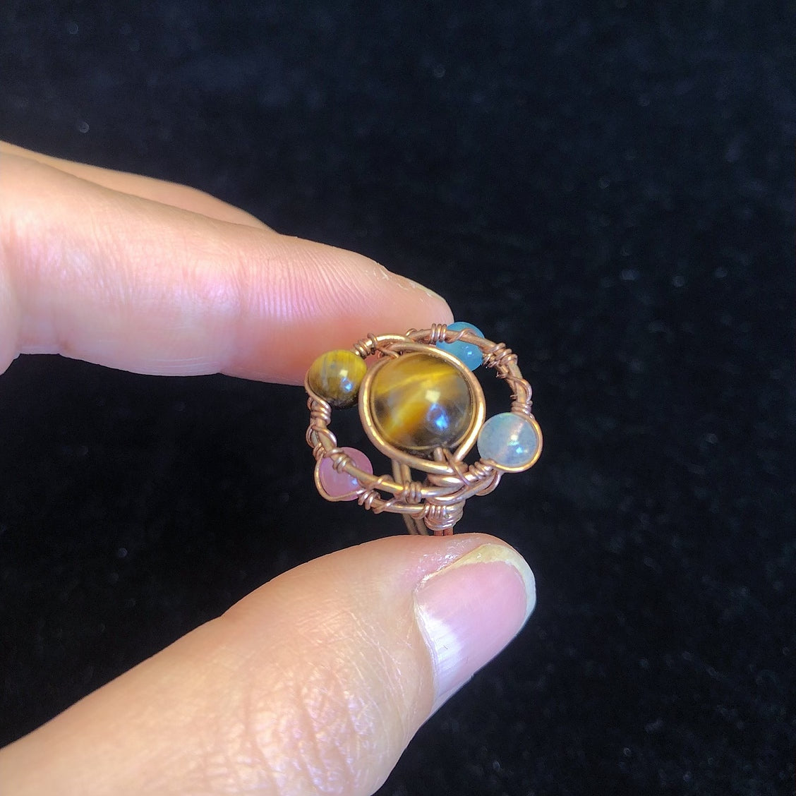 Handmade wirewrapping tiger eye cat's eye moonstone beads ring dainty gemstone rings