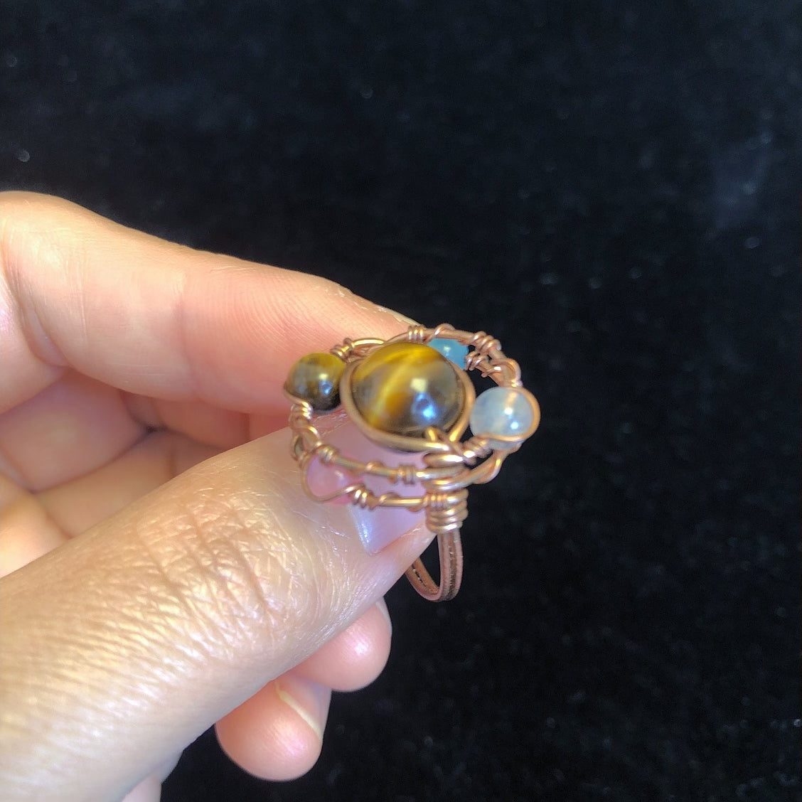 Handmade wirewrapping tiger eye cat's eye moonstone beads ring dainty gemstone rings