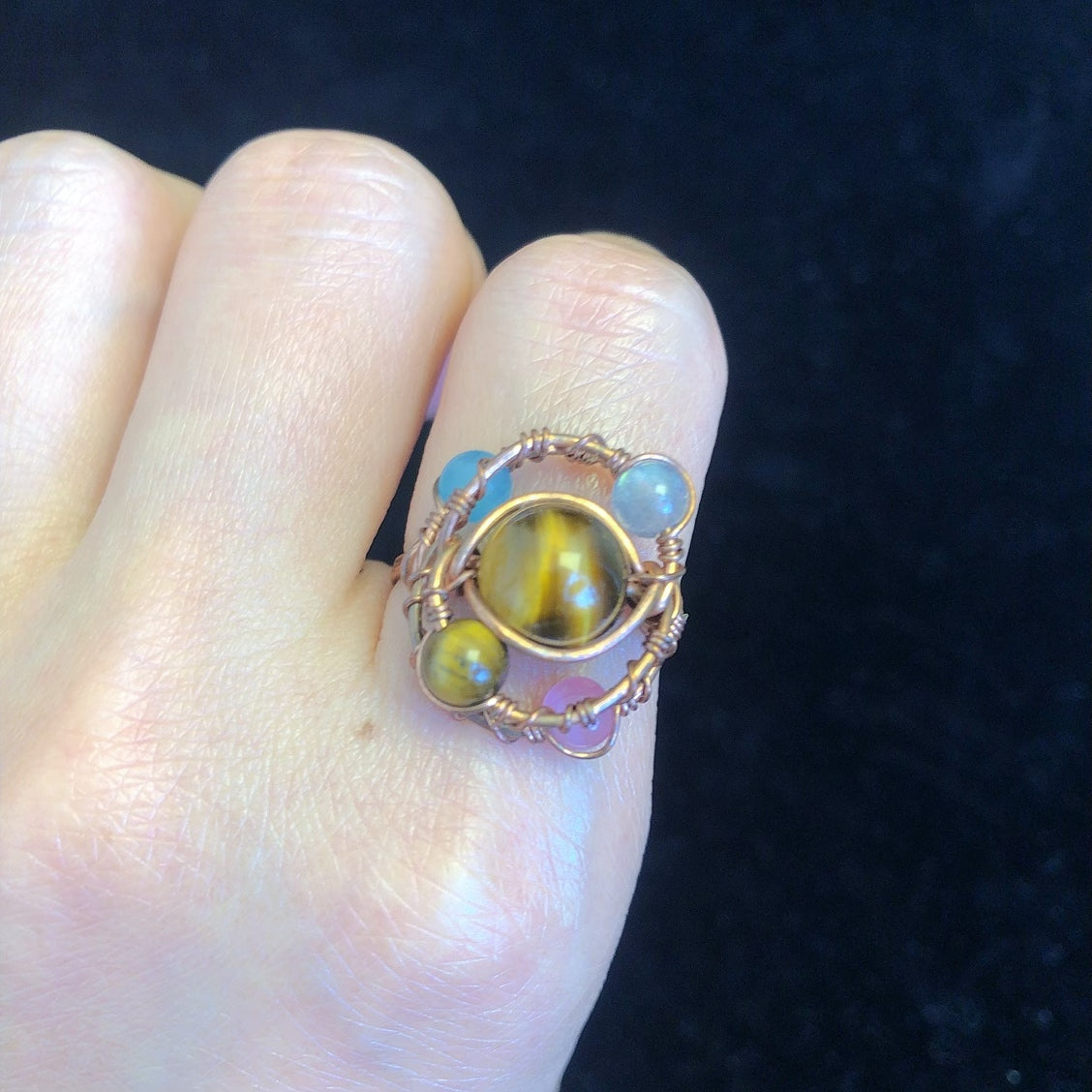 Handmade wirewrapping tiger eye cat's eye moonstone beads ring dainty gemstone rings