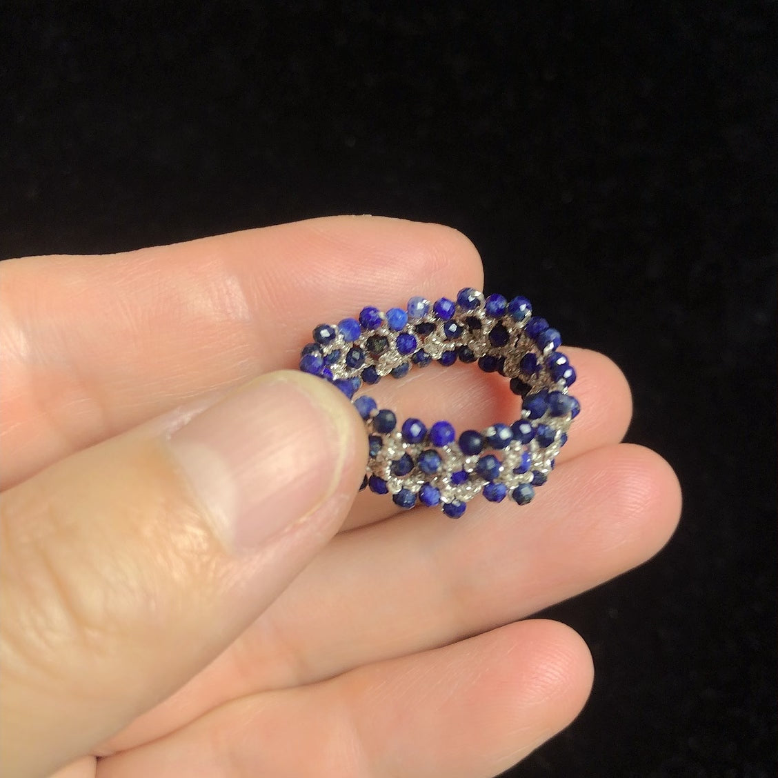 Handmade tatting ring lapis lazuli beaded rings