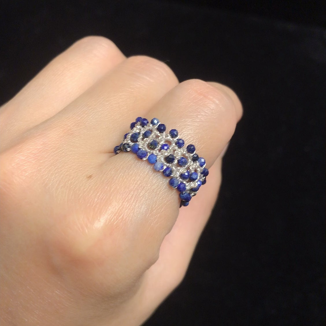Handmade tatting ring lapis lazuli beaded rings