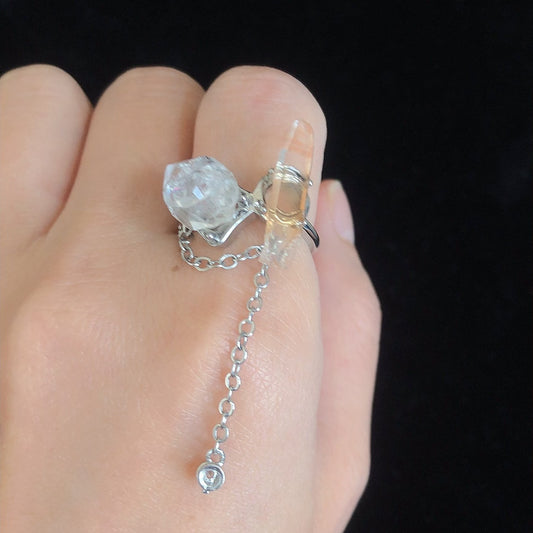 Handmade natural rock crystal stone ring rough herkimer diamond lemurian quartz rings