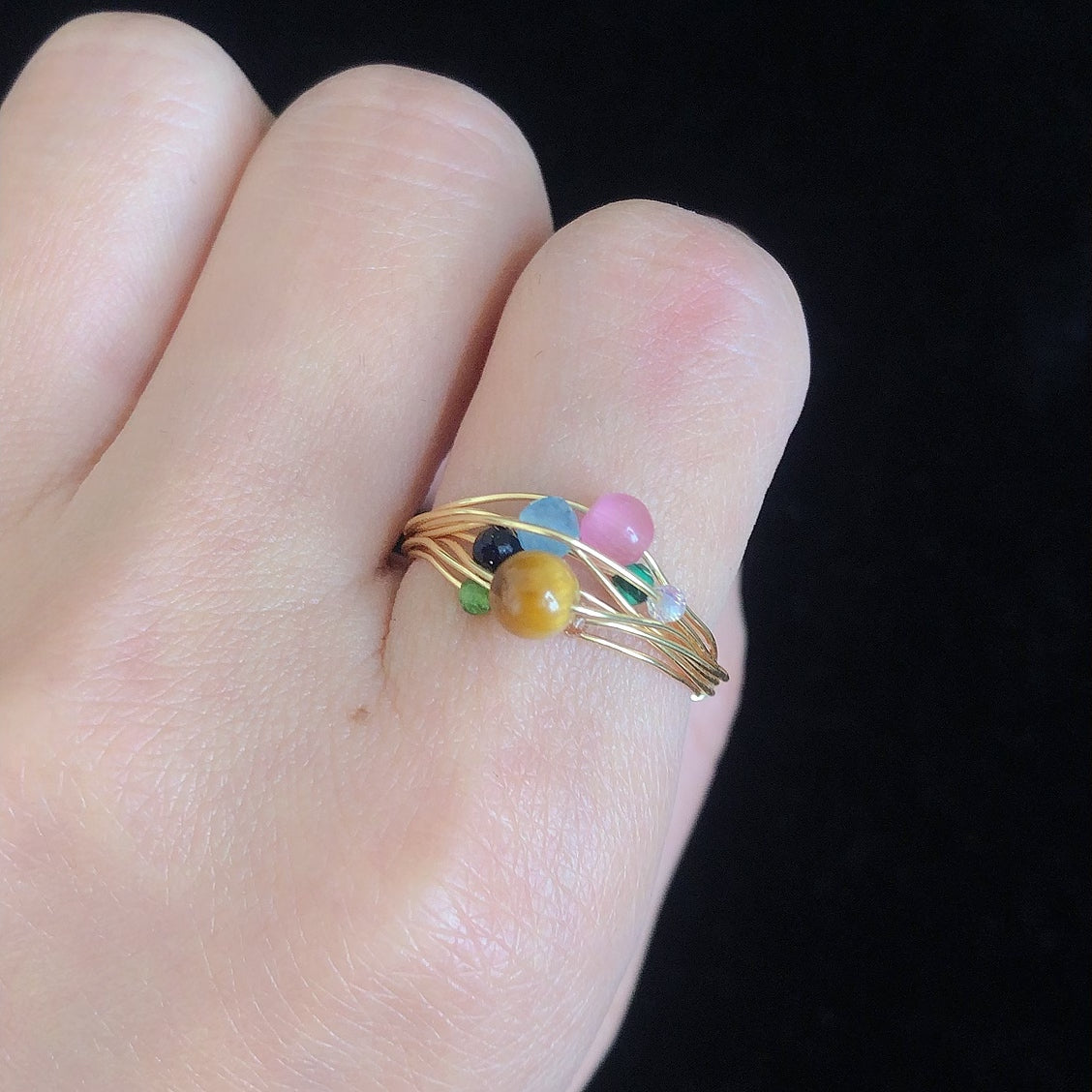Handmade beaded tiger eye cat's eye ring dainty gemstone wirewrapping rings