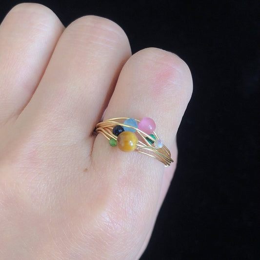 Handmade beaded tiger eye cat's eye ring dainty gemstone wirewrapping rings