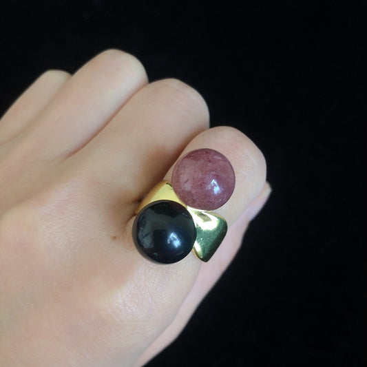Handmade obsidian strawberry quartz gemstone ring