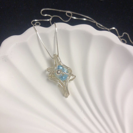 Handmade zircon wire wrapped pendant gemstone asterism sterling silver necklace