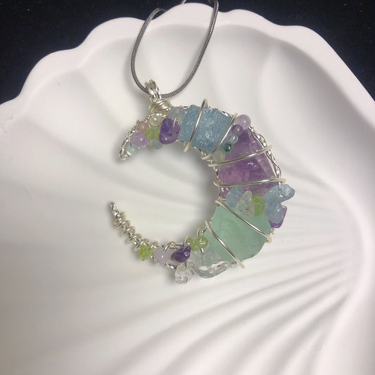 Handmade rock crystal stone pendant natural amethyst aquamarine fluorite wirewrapping moon necklace
