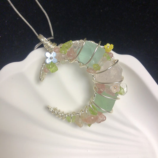 Handmade rough crystal stone pendant natural rose quartz fluorite wirewrapped moon necklace