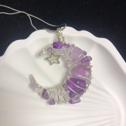 Handmade natural crystal stone pendant rock amethyst clear quartz wirewrapping moon necklace