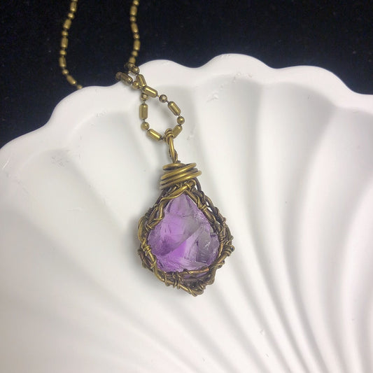 Handmade rock crystal stone pendant natural amethyst wirewrapped necklace