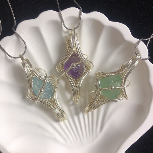 Handmade natural crystal stone pendant rock crystal amethyst aquamarine green fluorite stone necklace