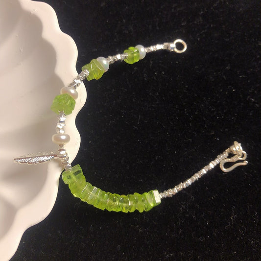 Handmade natural olivine bracelet freshwater pearls bracelets sterling silver bracelet