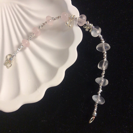 Handmade natural crystal stone bracelet clear and rose quartz bracelets sterling silver bracelet