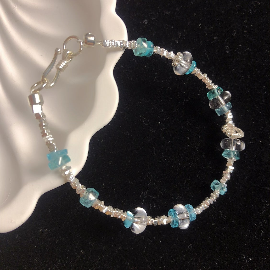 Handmade natural clear quartz crystal blue apatite bracelet sterling silver bracelet