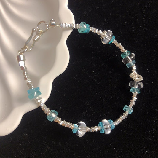 Handmade natural clear quartz crystal blue apatite bracelet sterling silver bracelet