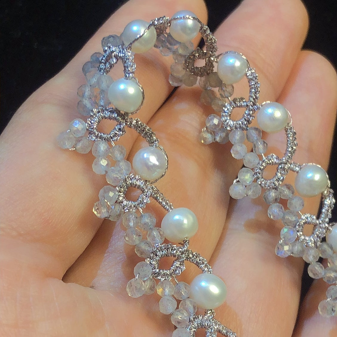 Handmade tatting bracelet with freshwater pearls and moonstone
