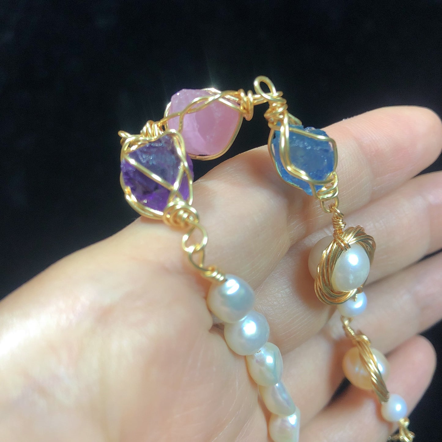 Handmade wirewrapping bracelet crystal gemstone bracelets freshwater pearls bracelet