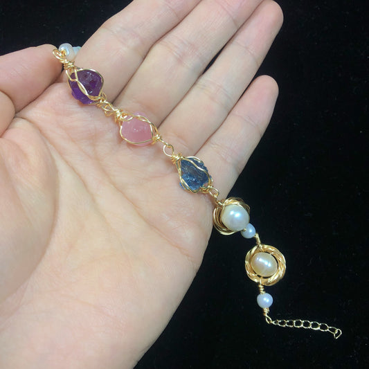 Handmade wirewrapping bracelet crystal gemstone bracelets freshwater pearls bracelet