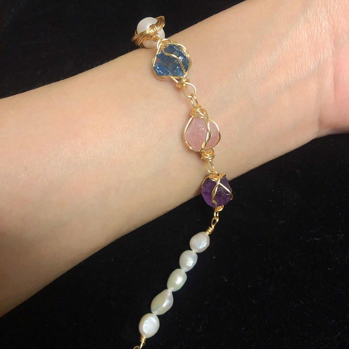 Handmade wirewrapping bracelet crystal gemstone bracelets freshwater pearls bracelet