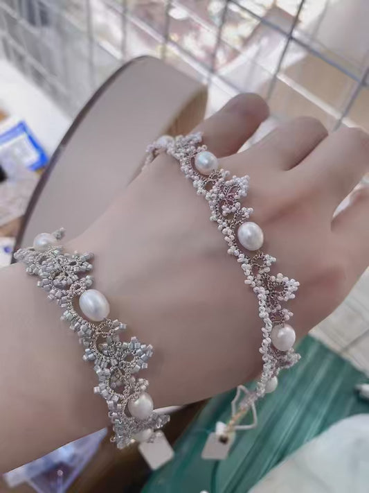 Handmade tatting beaded bracelet with freshwater pearls