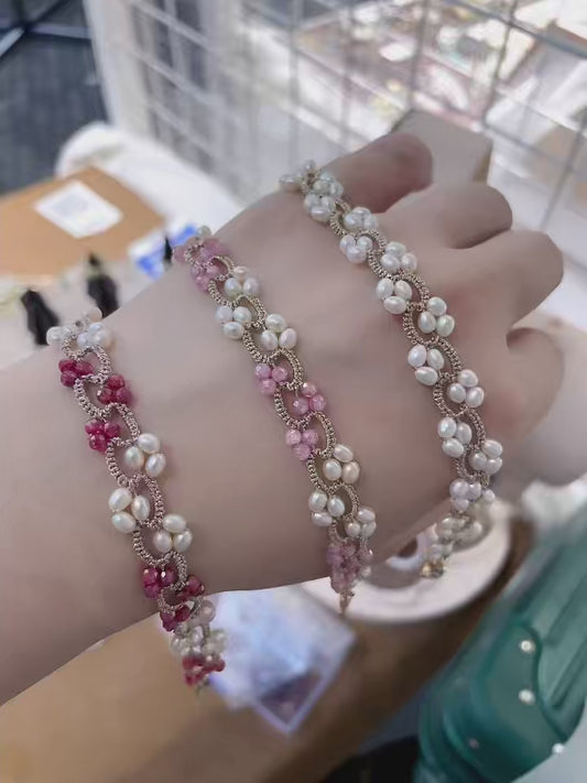 Handmade tatting bracelet with freshwater pearls and natural gemstone beads